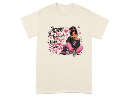 Girl with pink breast cancer ribbons and inspirational text: Stronger than Fear, Braver than Hope, Stronger than Cancer.