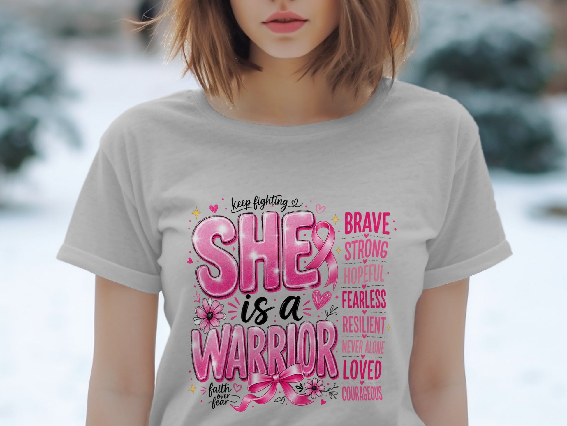 "She is a warrior" text with breast cancer ribbon, hearts, flowers, and inspiring words.