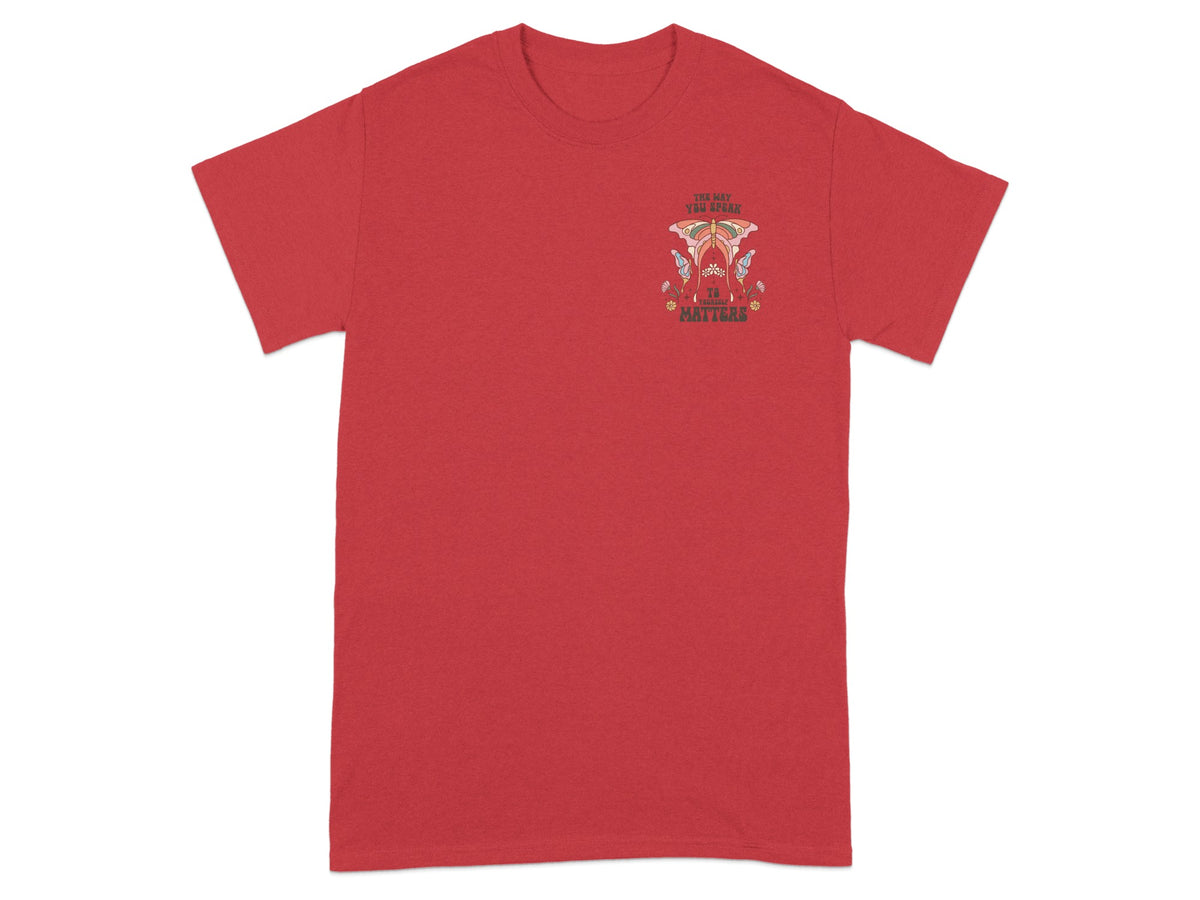 Red t-shirt with butterfly graphic and text "The way you speak to yourself matters".