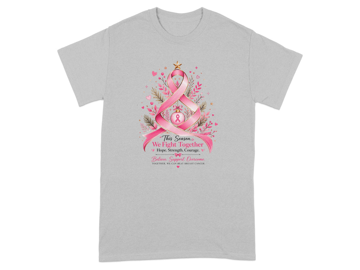 Grey t-shirt with pink ribbon tree graphic and breast cancer awareness text.