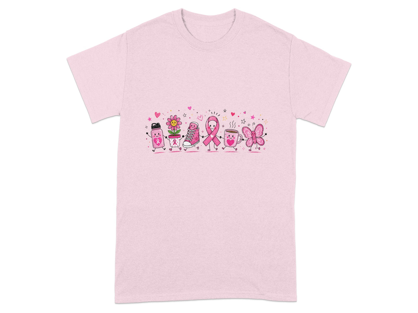 Pink t-shirt with cartoon breast cancer awareness ribbon characters and symbols.