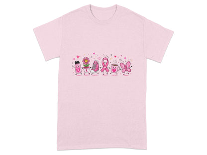 Pink t-shirt with cartoon breast cancer awareness ribbon characters and symbols.