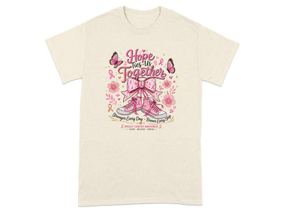T-shirt with "Hope Ties Us Together" text, pink sneakers, and butterflies.