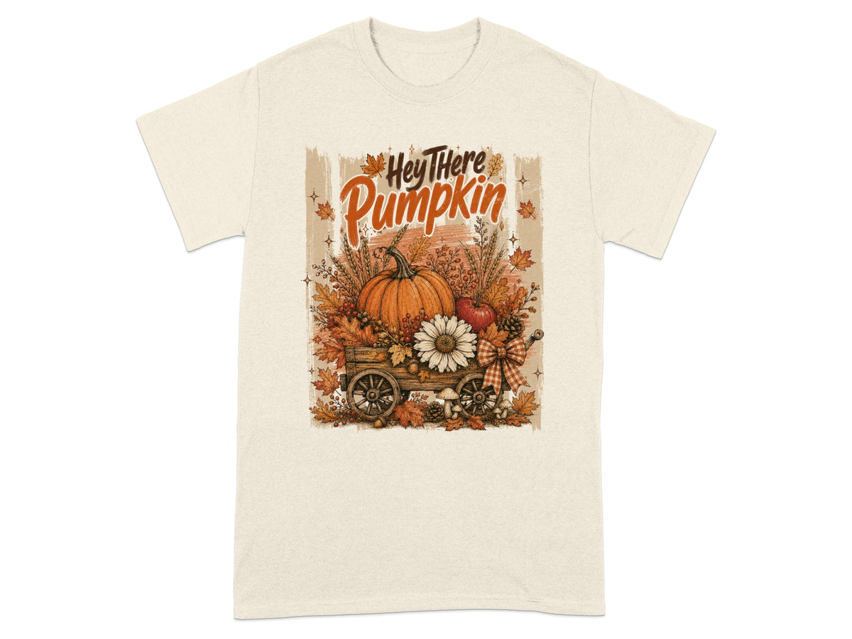 "Hey There Pumpkin" text with a pumpkin and autumn decorations on a wagon.