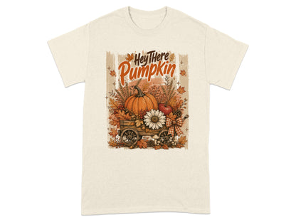 "Hey There Pumpkin" text with a pumpkin and autumn decorations on a wagon.