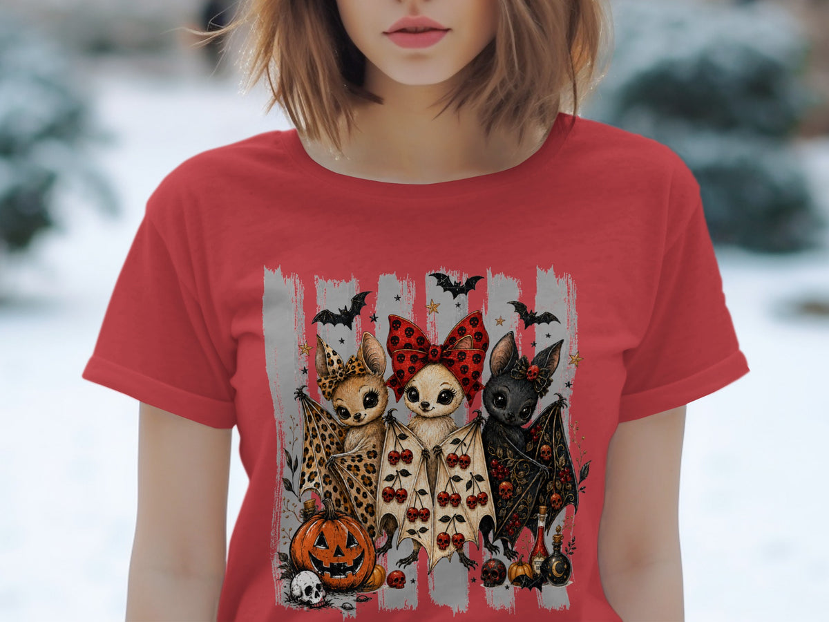 Red t-shirt featuring three cute bats with Halloween-themed wings, pumpkin, and skulls.