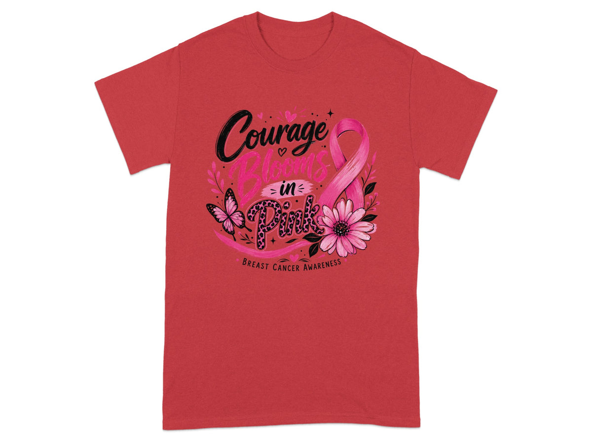 Red t-shirt with pink ribbon, butterfly, flowers, and "Courage Blooms in Pink" text.