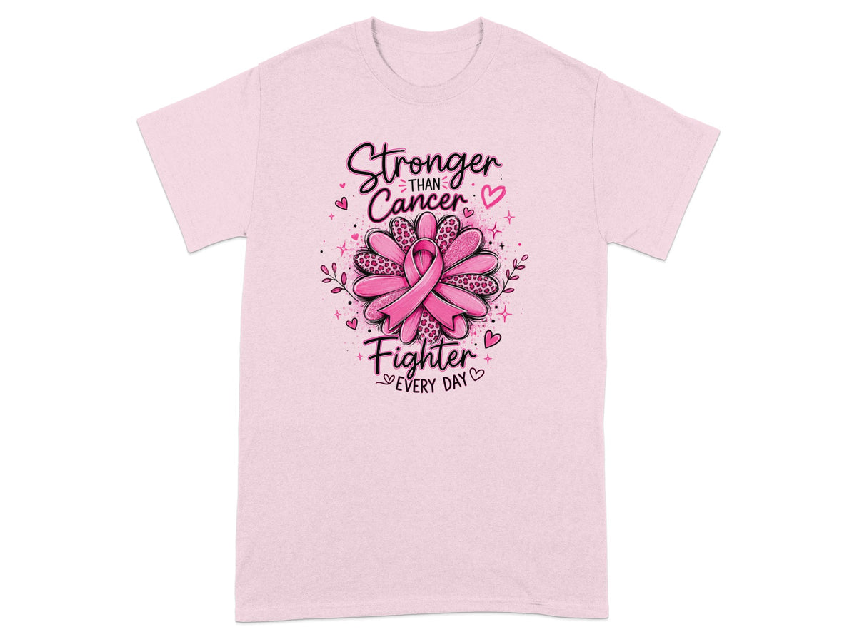 Pink t-shirt with "Stronger Than Cancer, Fighter Every Day" text and a pink ribbon flower.
