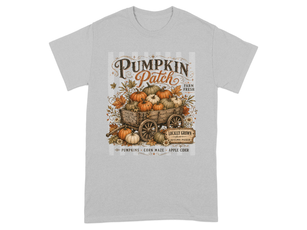 "Pumpkin Patch" graphic with wagon full of pumpkins, leaves, and text.