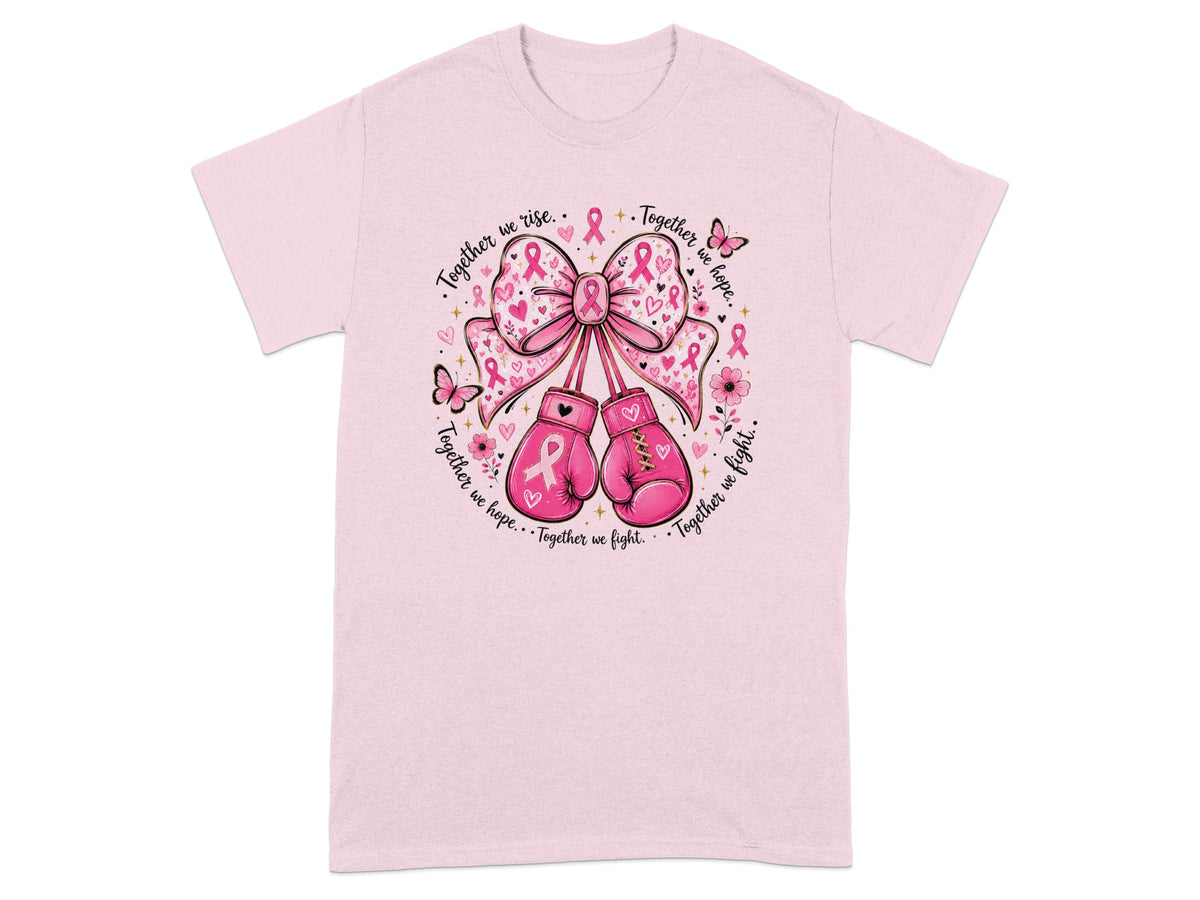Pink t-shirt with bow, boxing gloves, ribbons, and text "Together we rise, hope, fight."