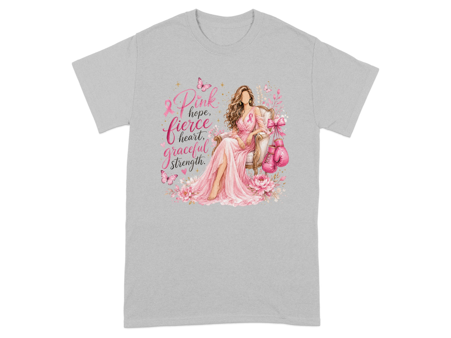 Pink ribbon design with woman, boxing gloves, and text: "hope, fierce heart, graceful strength."