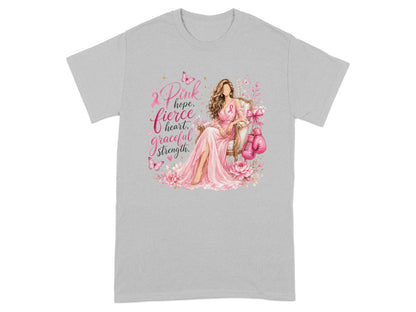 Pink ribbon design with woman, boxing gloves, and text: "hope, fierce heart, graceful strength."