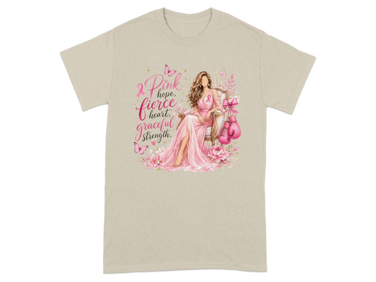 Pink ribbon with woman in pink dress, boxing gloves, and text: hope, fierce heart, graceful strength.
