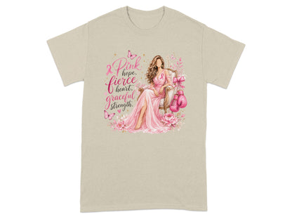 Pink ribbon with woman in pink dress, boxing gloves, and text: hope, fierce heart, graceful strength.
