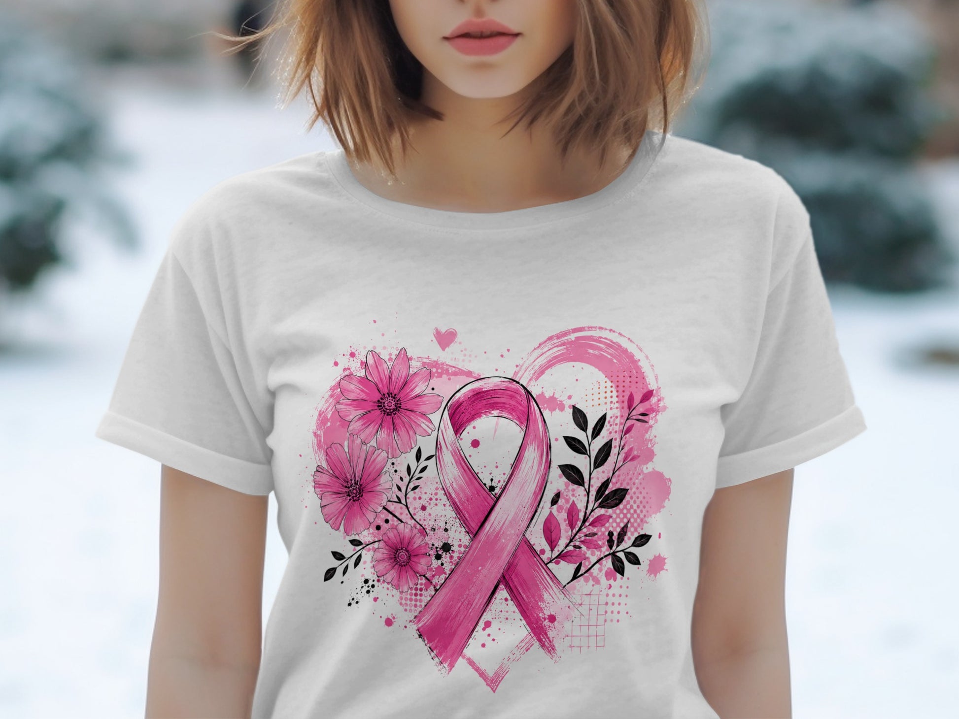 White t-shirt with a pink ribbon, flowers, and heart design.