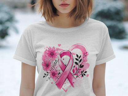 White t-shirt with a pink ribbon, flowers, and heart design.