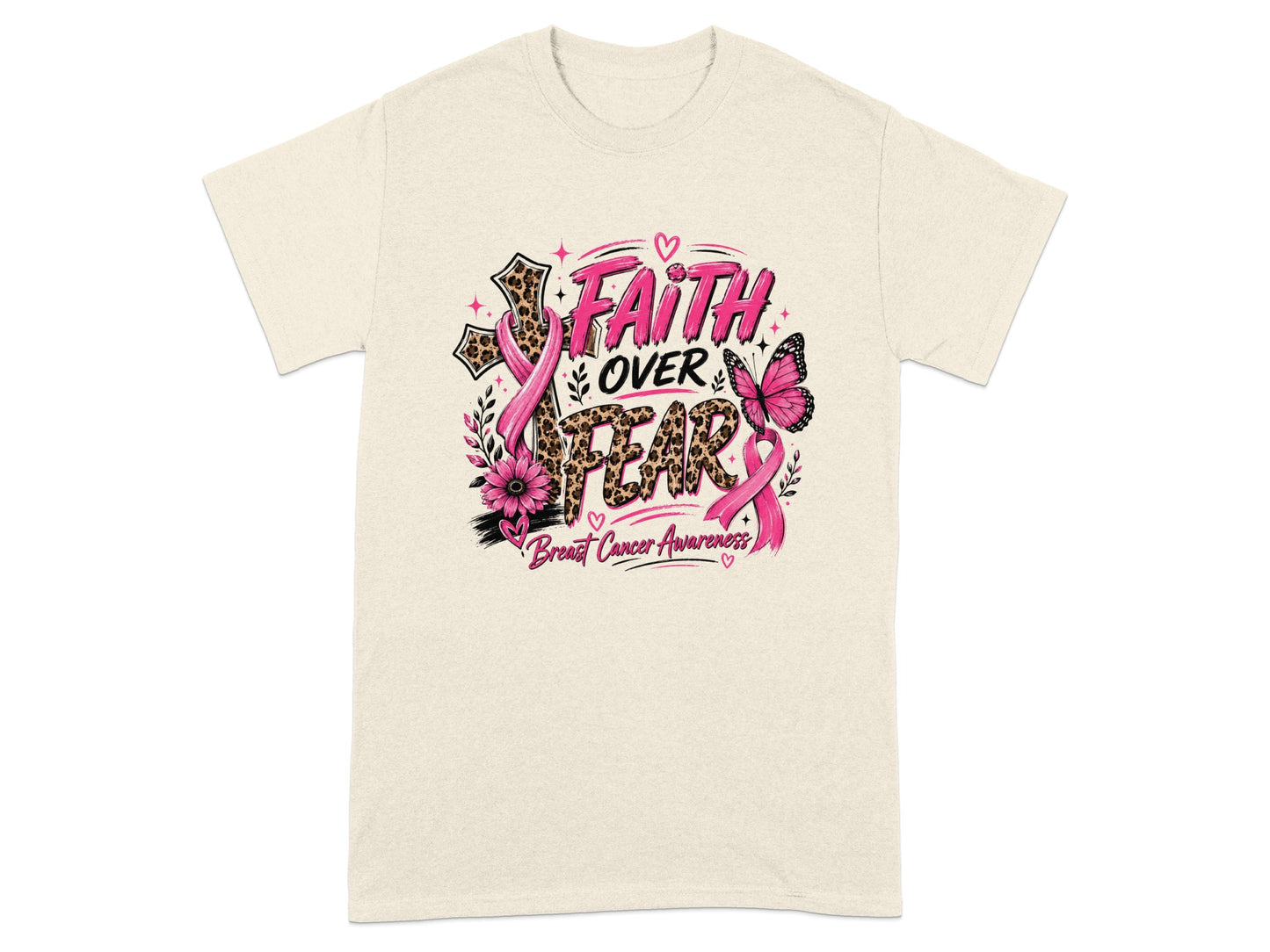 Cream t-shirt with "Faith Over Fear" graphic and breast cancer awareness ribbon.