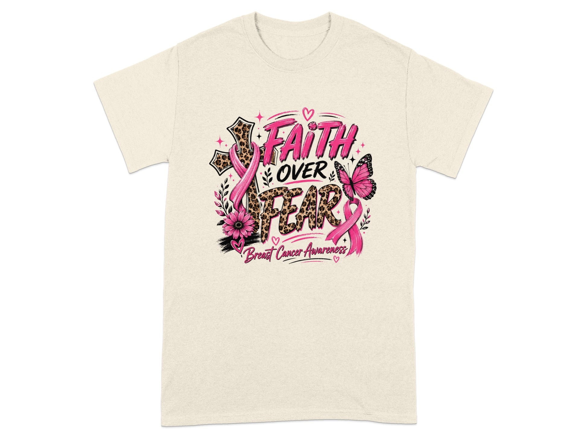 Cream t-shirt with "Faith Over Fear" graphic and breast cancer awareness ribbon.