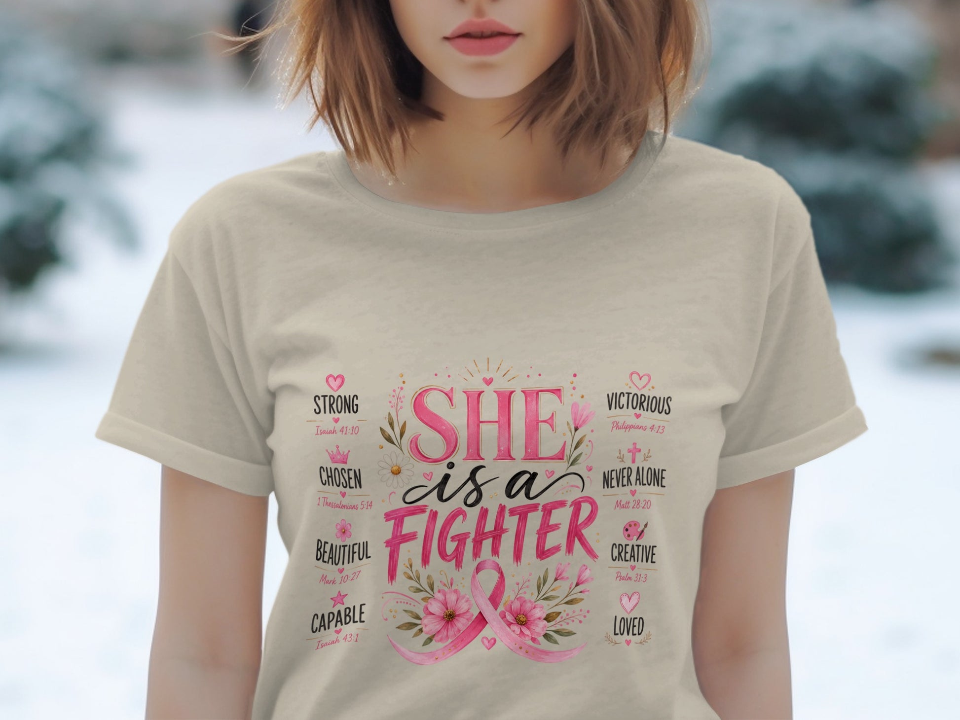 Light tan t-shirt with "SHE is a FIGHTER" and inspirational words and bible verses.