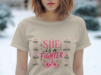 Light tan t-shirt with "SHE is a FIGHTER" and inspirational words and bible verses.