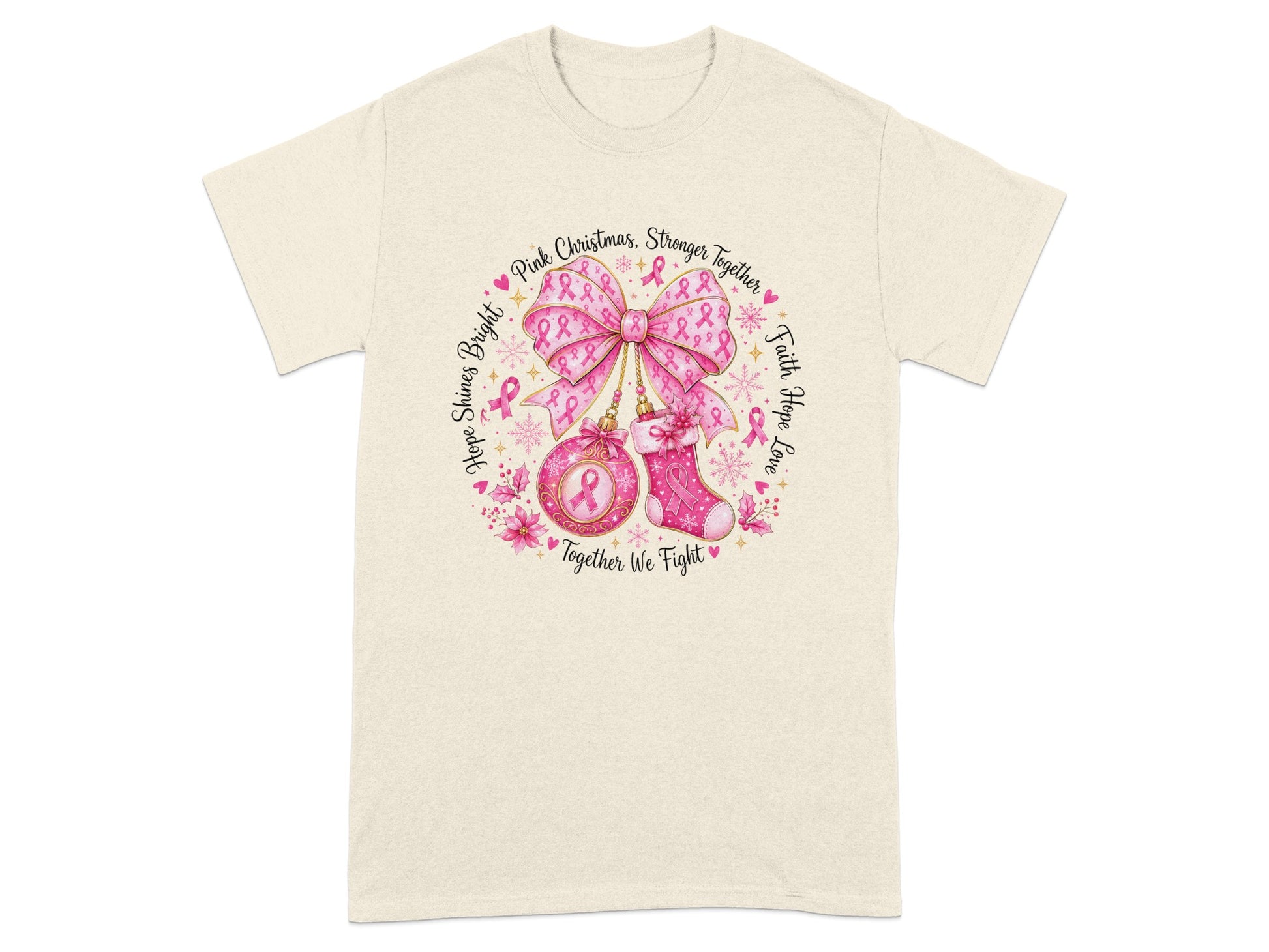T-shirt with pink ribbon Christmas ornaments and text "Together We Fight".