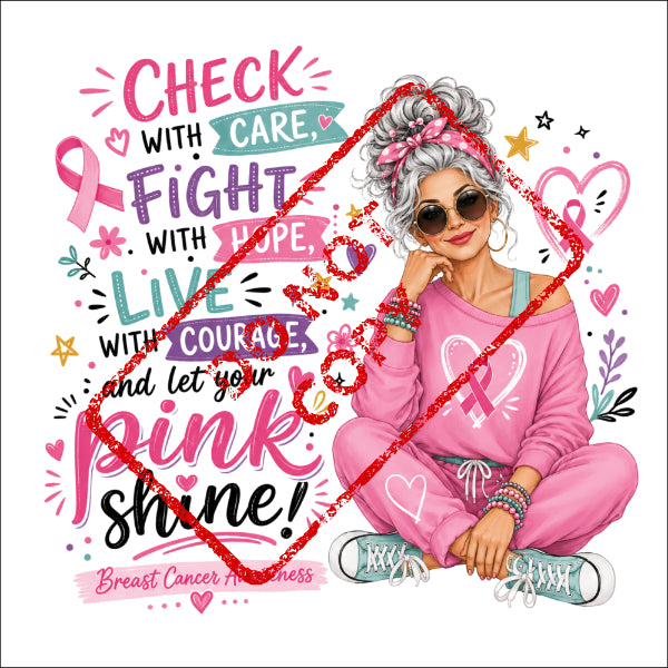 Woman in pink outfit with text about breast cancer awareness.