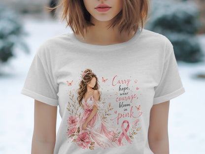 Woman in pink dress with text "Carry hope, wear courage, bloom in pink."