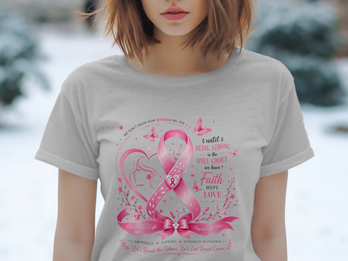 Pink ribbon design with empowering text for breast cancer awareness.