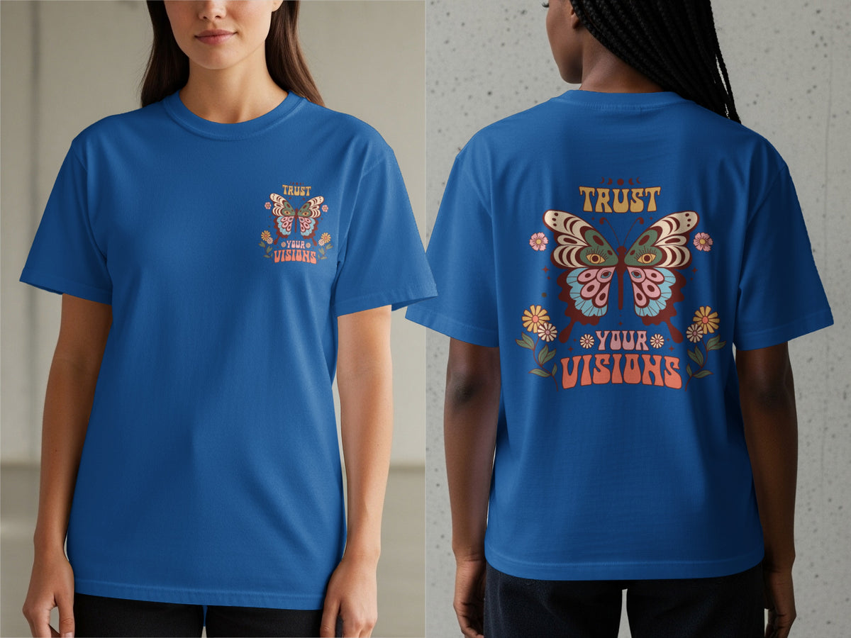 Blue t-shirt with "Trust Your Visions" and a butterfly design.