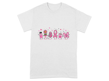 Pink ribbon, water bottle, flower, shoe, mug, and butterfly characters celebrating.