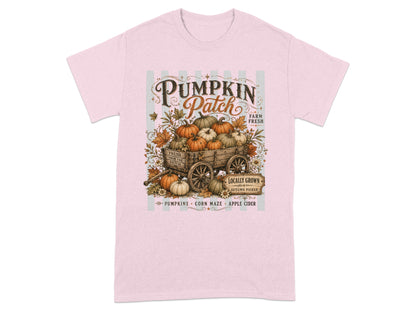 Pumpkin Patch graphic with wagon of pumpkins and text: Farm Fresh, Locally Grown, Pumpkins, Corn Maze, Apple Cider.