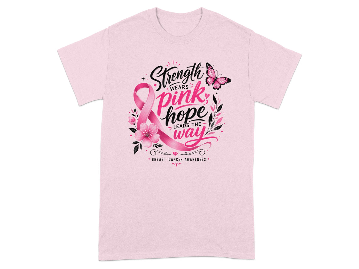 Pink t-shirt with breast cancer awareness graphic: "Strength wears pink, hope leads the way".