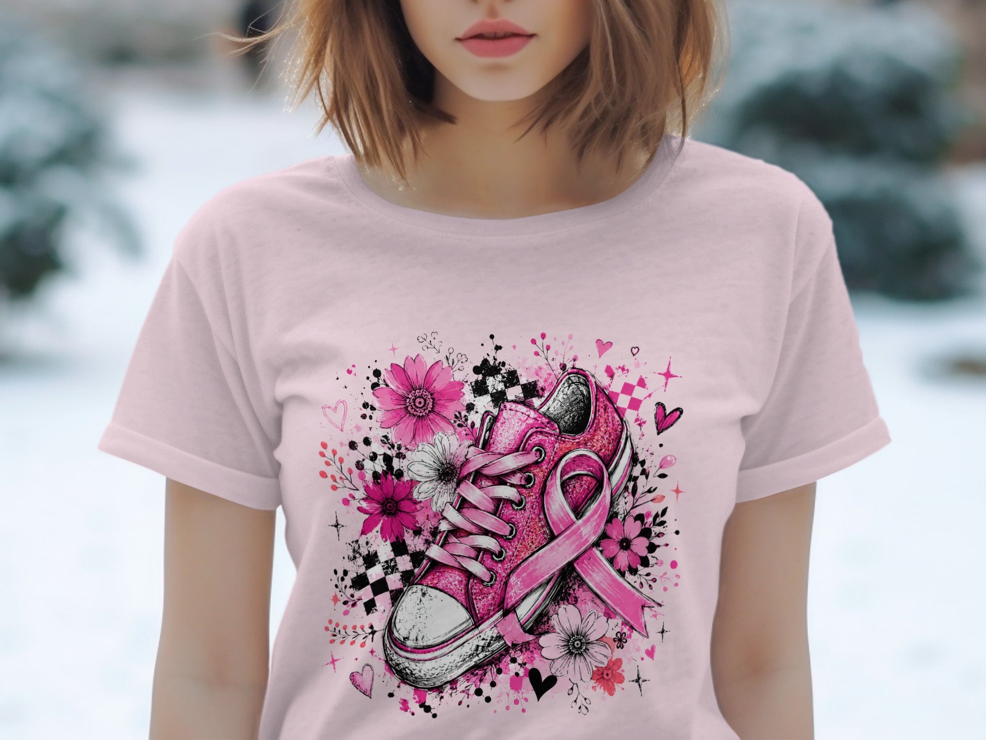 Pink glitter sneaker with flowers, ribbon, and hearts, on a light pink t-shirt.
