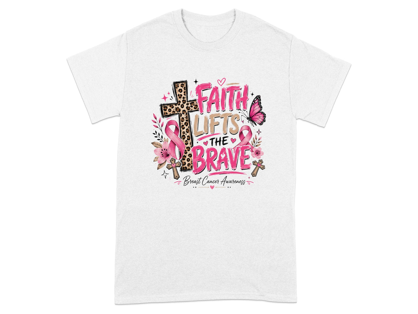 White t-shirt with "Faith Lifts the Brave" and breast cancer awareness graphics.