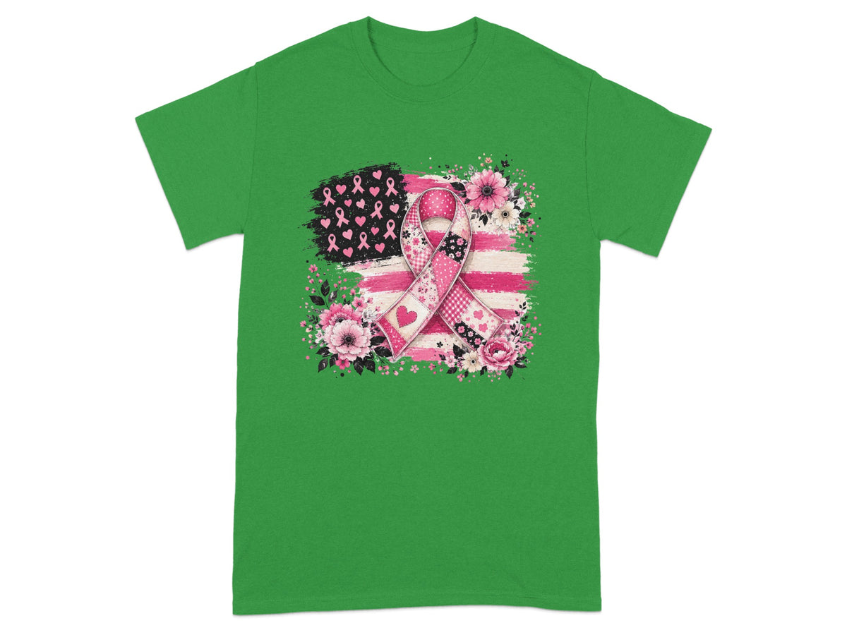 Green t-shirt with breast cancer ribbon, flowers, and American flag design.