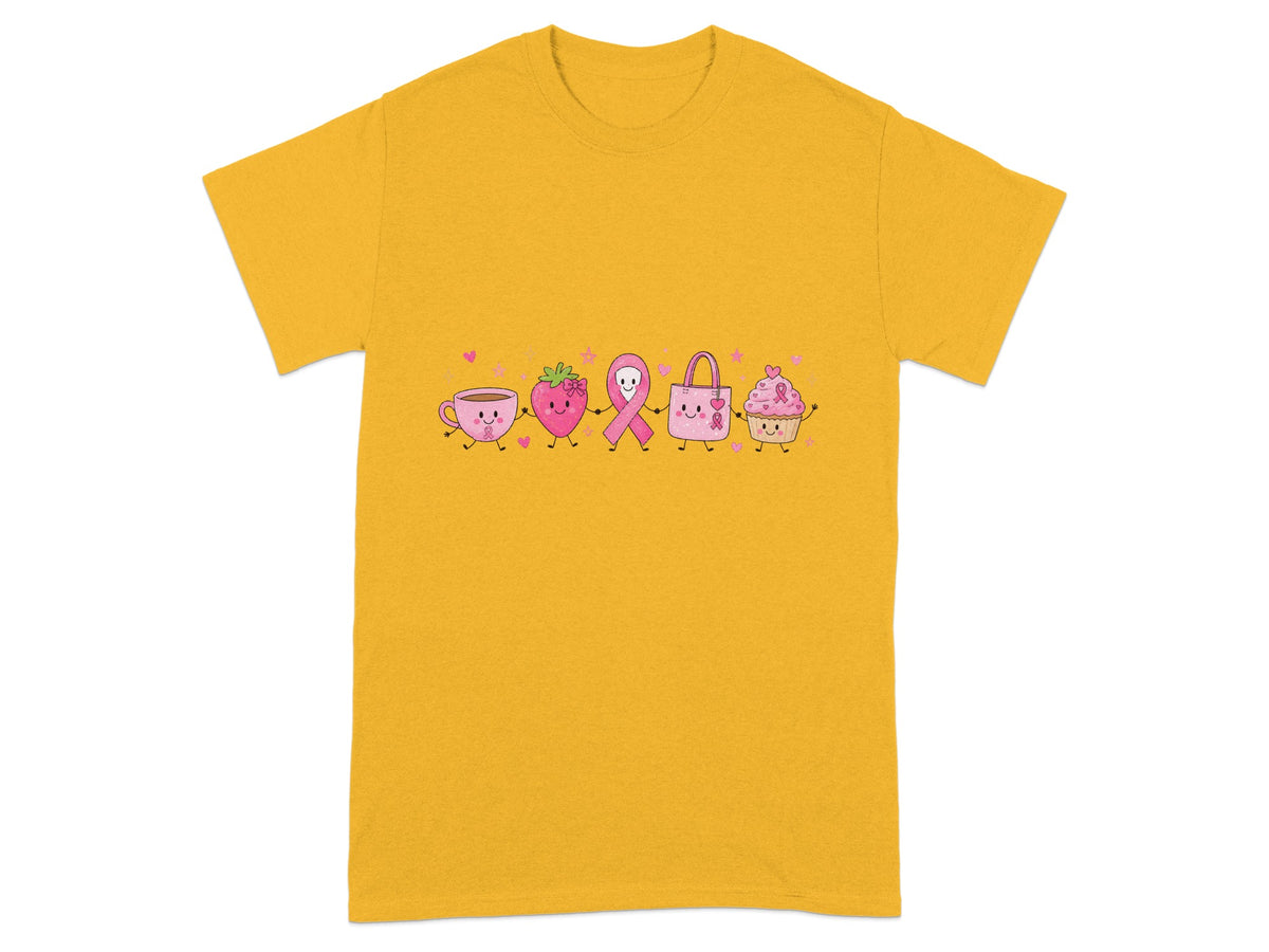 Cute cartoon pink breast cancer awareness characters holding hands on a yellow t-shirt.