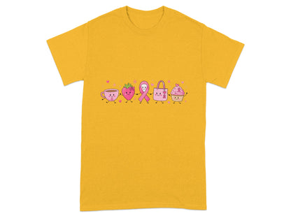 Cute cartoon pink breast cancer awareness characters holding hands on a yellow t-shirt.