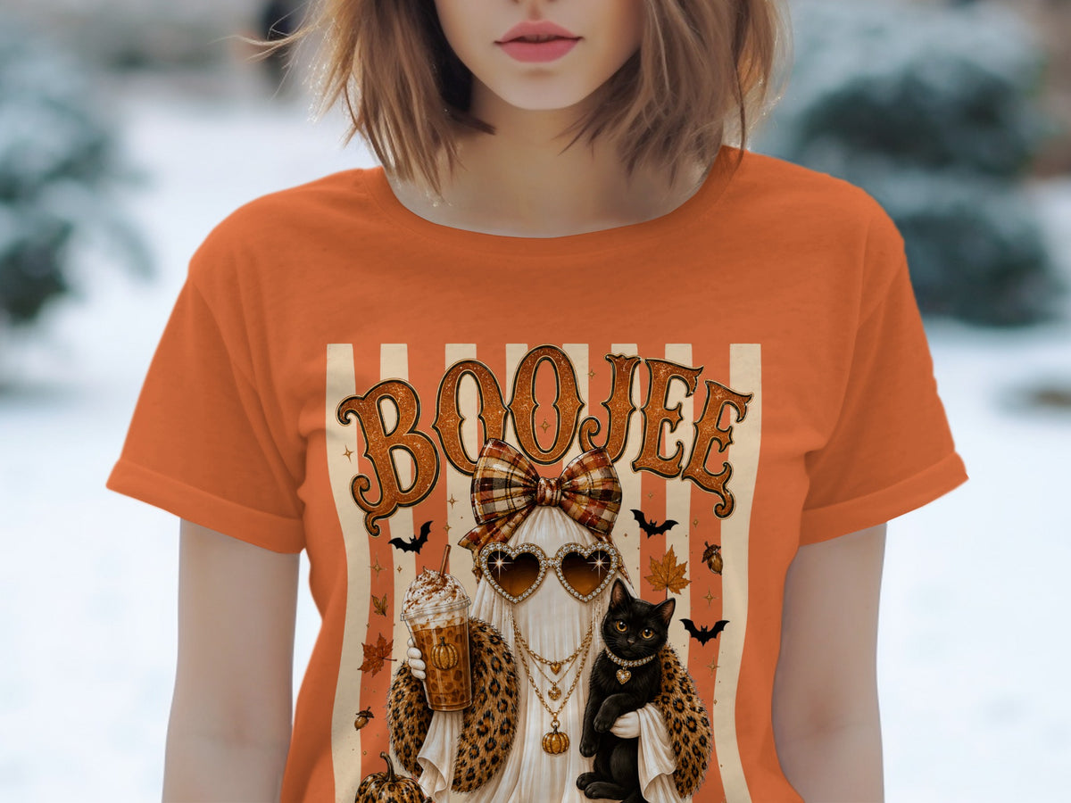 Orange t-shirt with "BOOJEE" text and a ghost wearing leopard print and heart sunglasses.