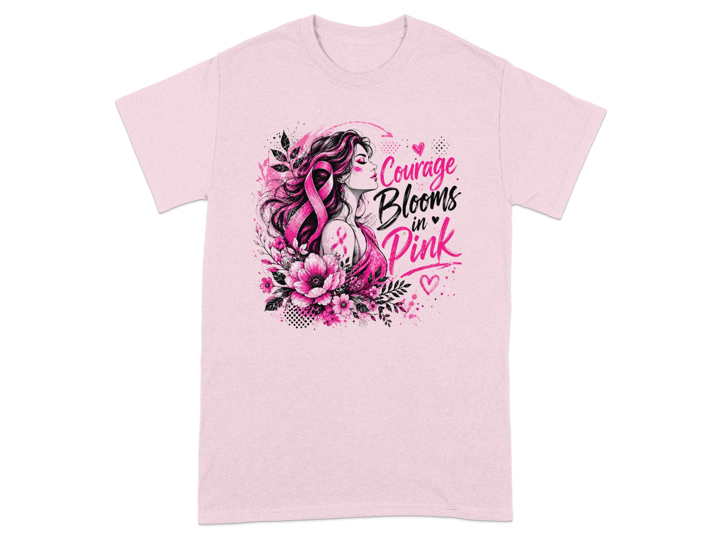 Pink t-shirt with "Courage Blooms in Pink" text and floral breast cancer ribbon design.