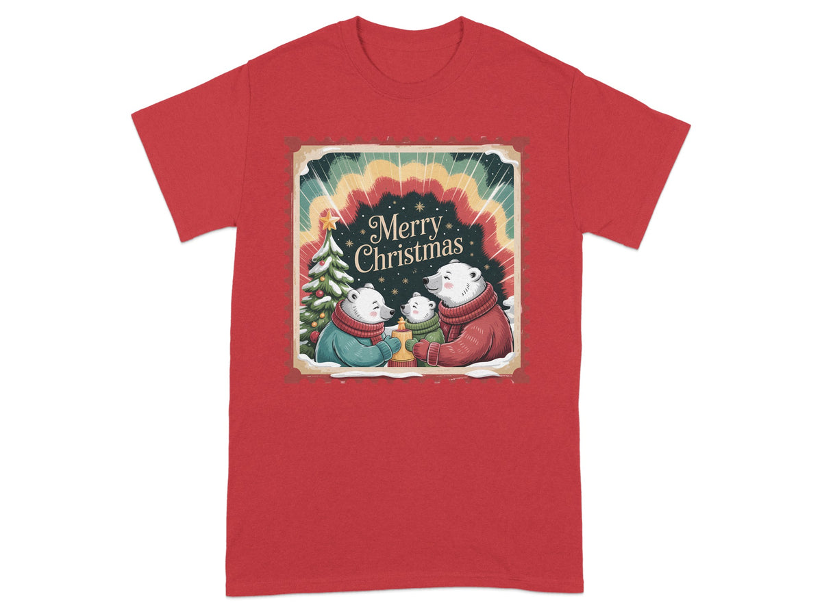 Merry Christmas text above polar bears with Christmas tree and candle.