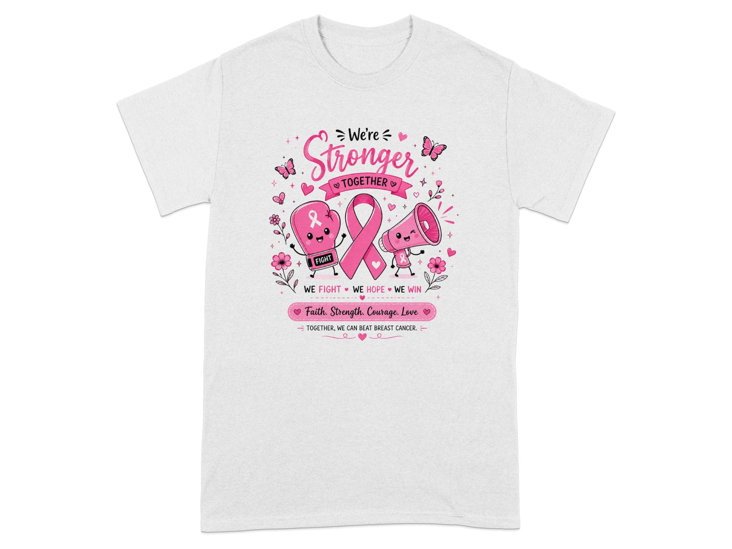 "We're Stronger Together" text with pink ribbon, boxing glove, megaphone, and floral accents.