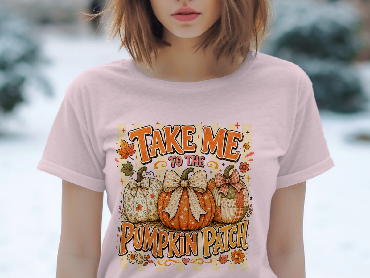 Light pink t-shirt with "Take Me to the Pumpkin Patch" and three decorated pumpkins.