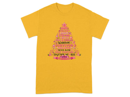 Yellow t-shirt with a pink breast cancer awareness tree graphic listing positive words and phrases.