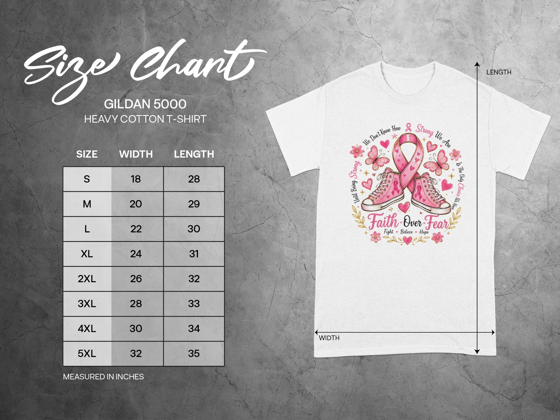 Gildan 5000 t-shirt size chart showing measurements in inches.