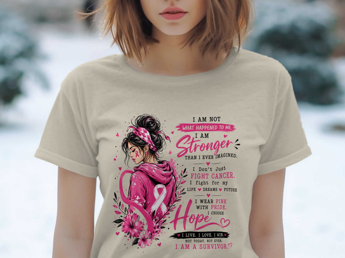 T-shirt with breast cancer awareness design featuring a woman and inspirational text.