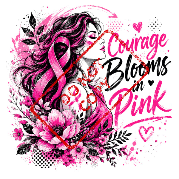 Woman with pink ribbon and flowers, text reads "Courage Blooms in Pink".