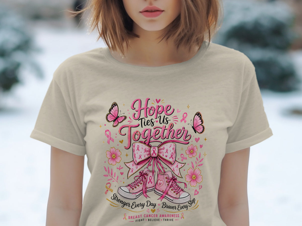 T-shirt with pink butterflies, flowers, and text "Hope Ties Us Together".