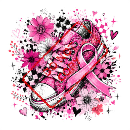 Pink sneaker with pink ribbon and floral elements, outlined in red.