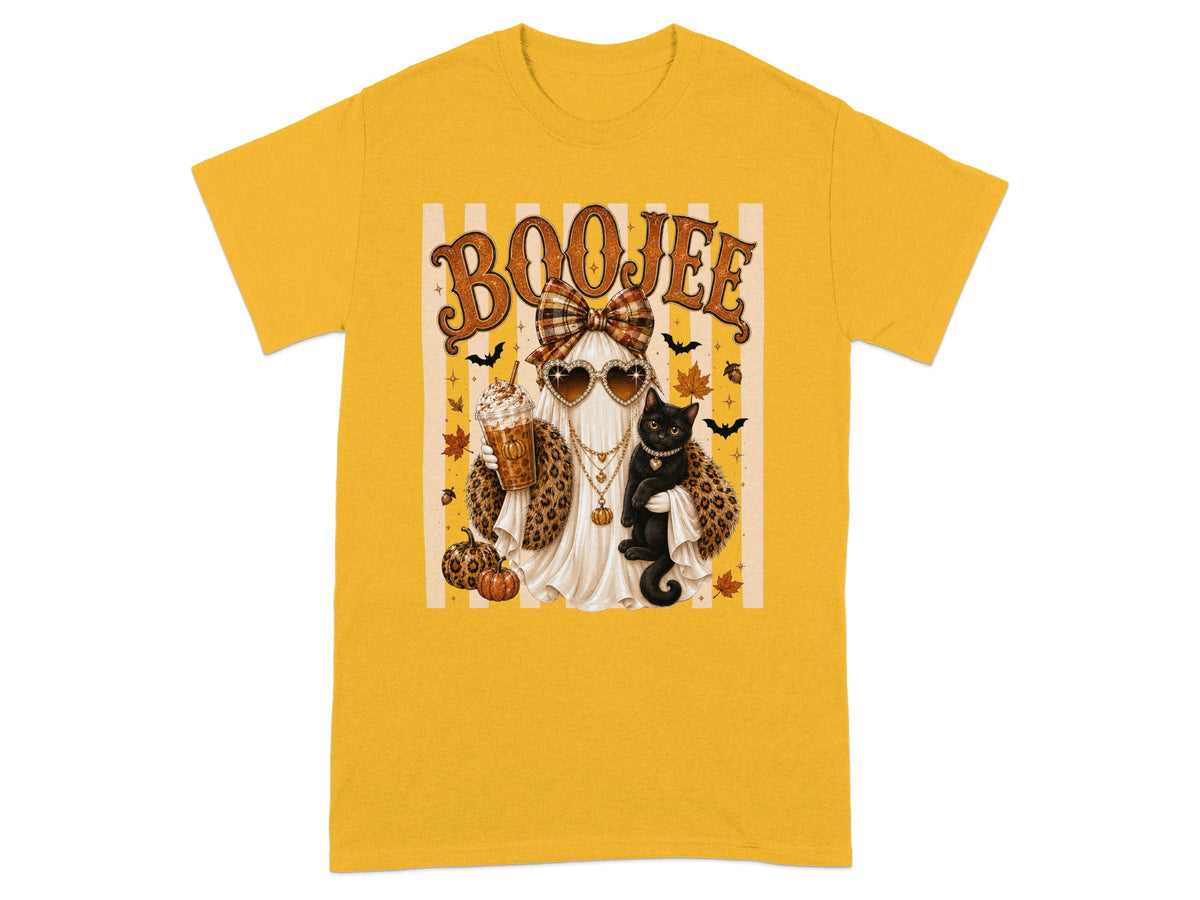 Ghost with cat, pumpkin spice latte, and "BOOJEE" text on yellow t-shirt.