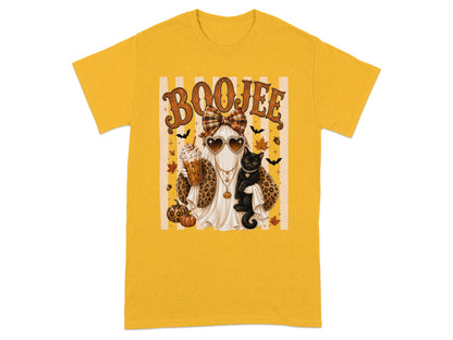 Ghost with cat, pumpkin spice latte, and "BOOJEE" text on yellow t-shirt.